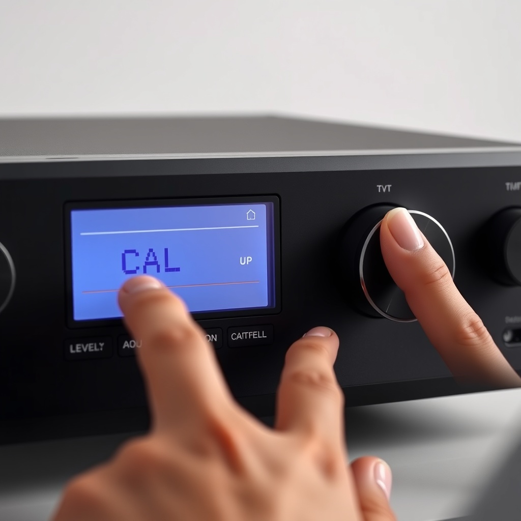 Photo of the Sync 3000 console showing "CAL" displayed in the brightness-controlled LCD