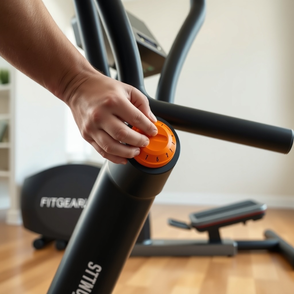 <A photorealistic photo of a person's hands adjusting the orange knob on the pedal arm of