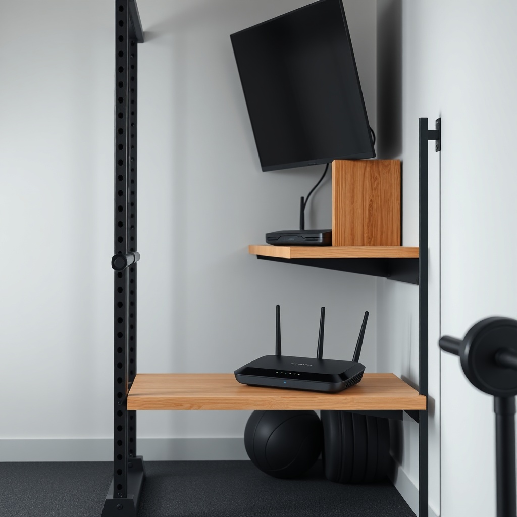 <clean photorealistic photo/illustration showing a FitGearLabs Sync 3000 in a home gym wit