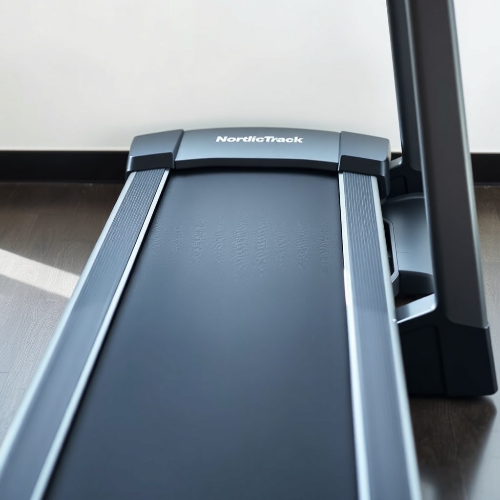 <clean photorealistic photo of NordicTrack Commercial 1750 treadmill with running belt sli