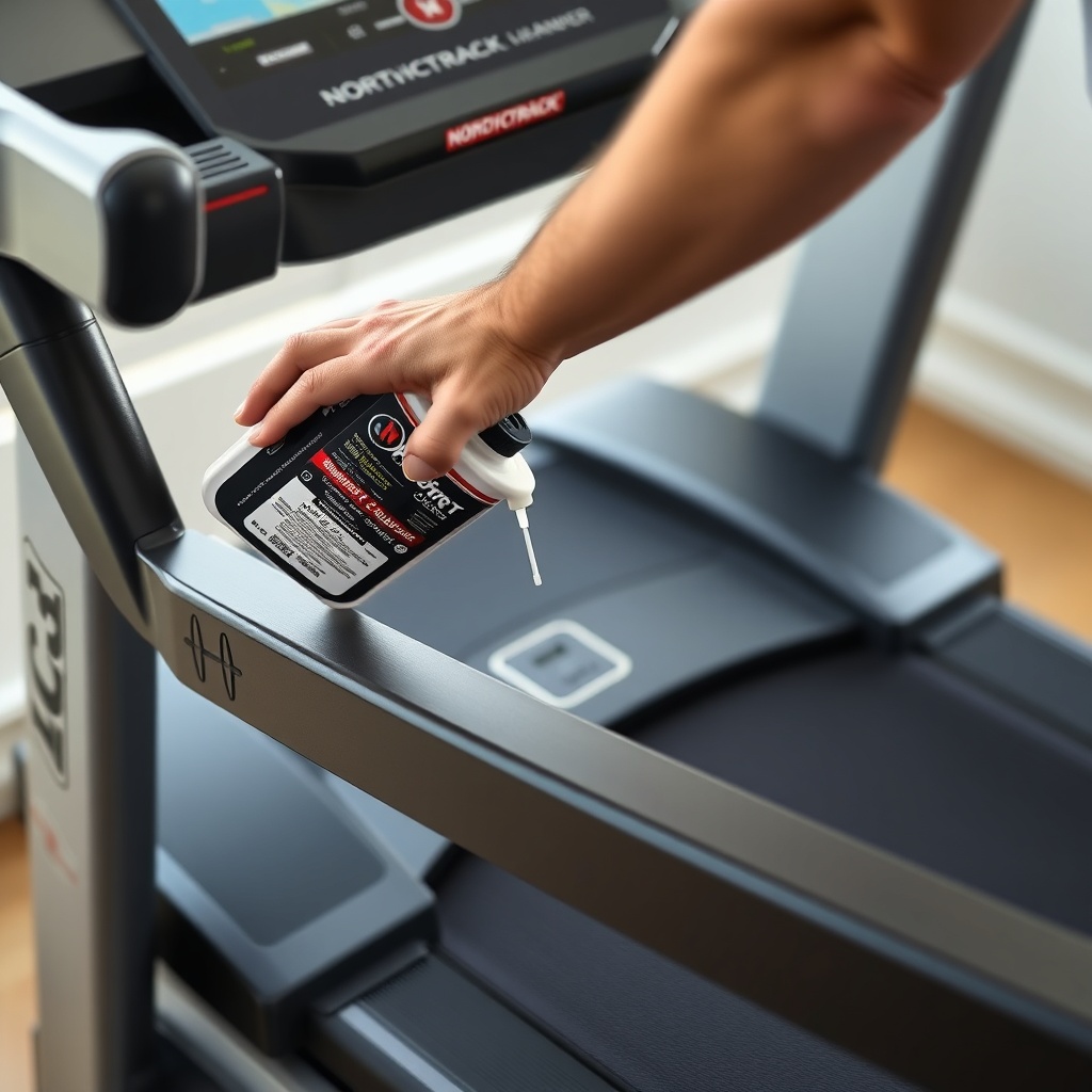 A photorealistic close‑up of a hand applying lubricant to the running belt of a NordicTrac