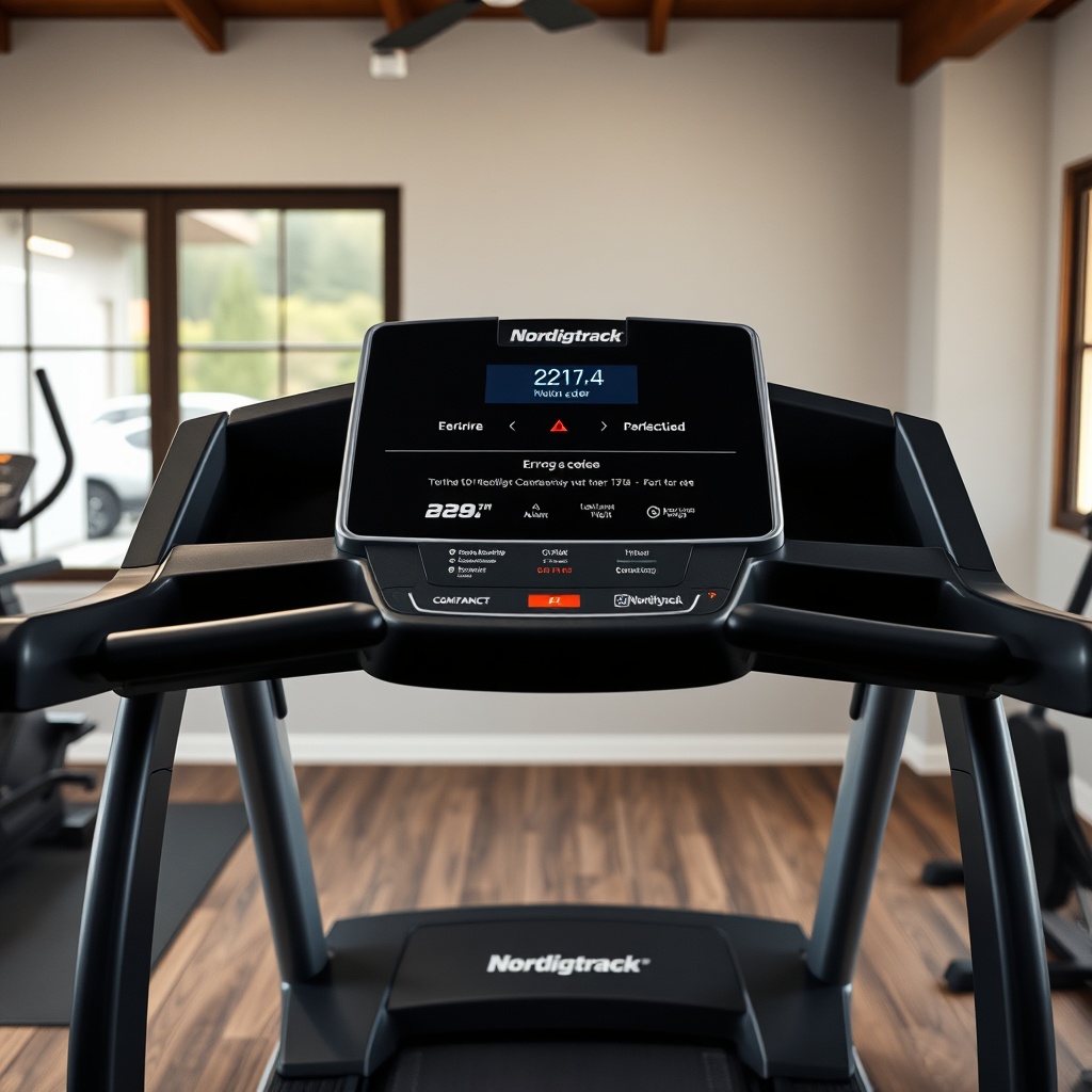 A NordicTrack Commercial 1750 treadmill in a home gym with a digital console showing an er