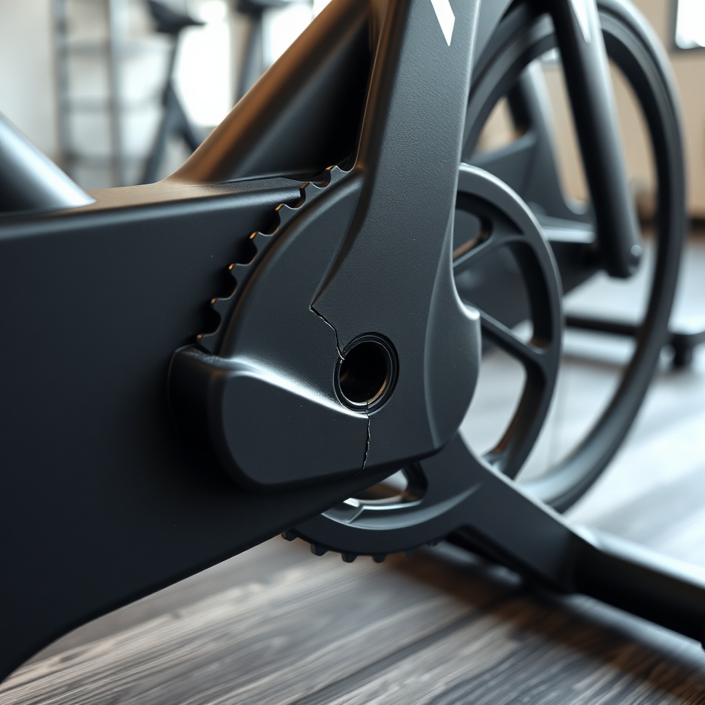 A close-up photorealistic photo of a Peloton Bike crank arm with a visible hairline crack
