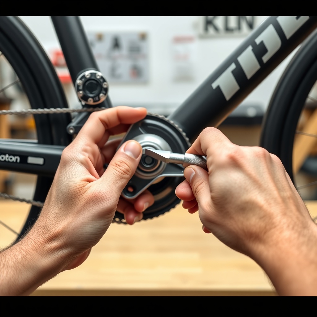 A photorealistic photo of a person’s hands using a torque wrench on a Peloton Bike crank b