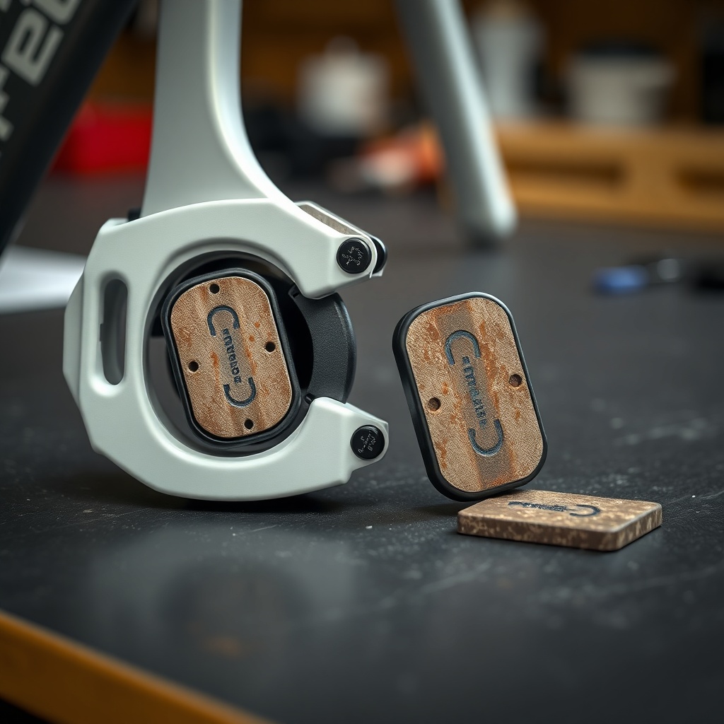 A photorealistic close-up of a Peloton Bike+ brake caliper with one new pad installed and