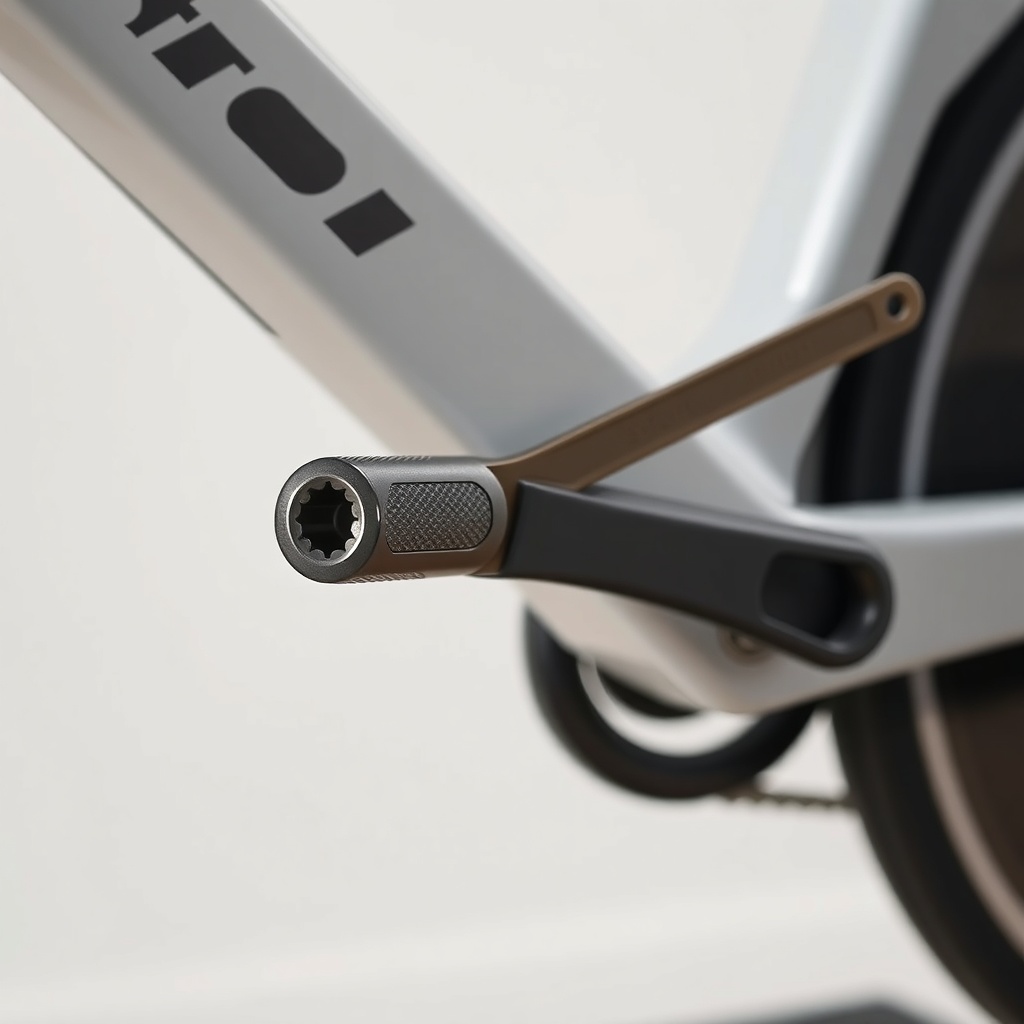 Close-up of a Peloton Bike+ left crank arm with a wrench near the pedal threads
