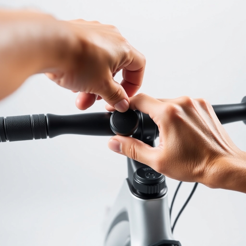 A photorealistic close-up photo of a person's hand adjusting the fore/aft knob on a Peloto