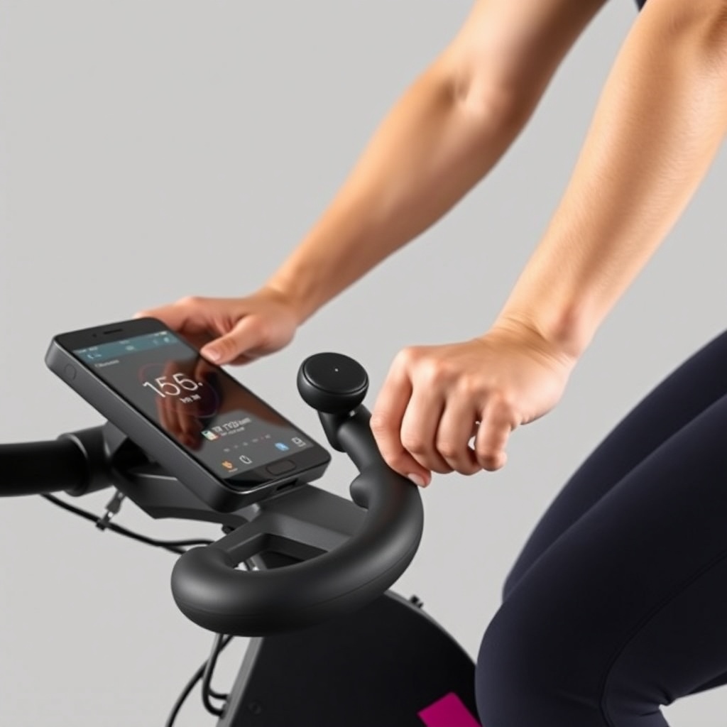 <clean photorealistic photo/illustration of a rider using Peloton Bike+ with a close-up of