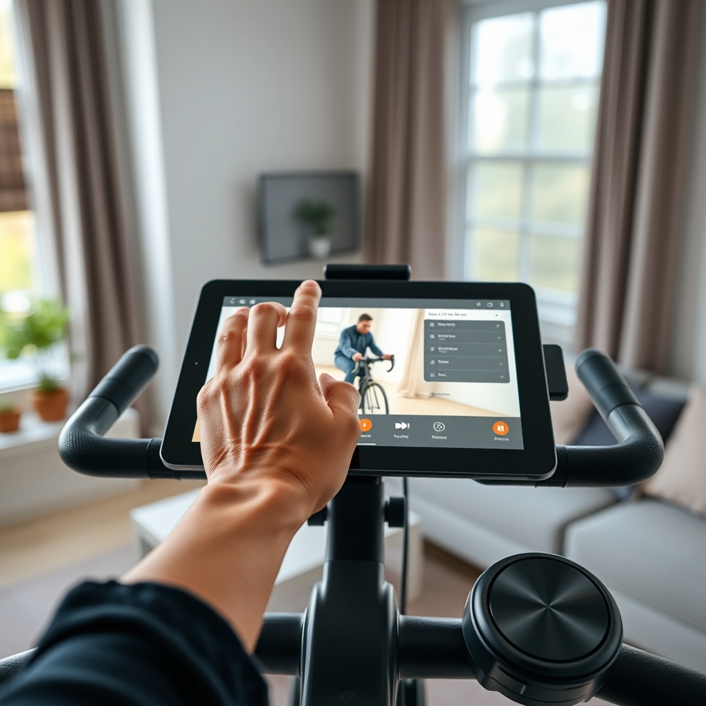 A photorealistic wide-angle shot of a rider’s hands on the Peloton Bike+ handlebars