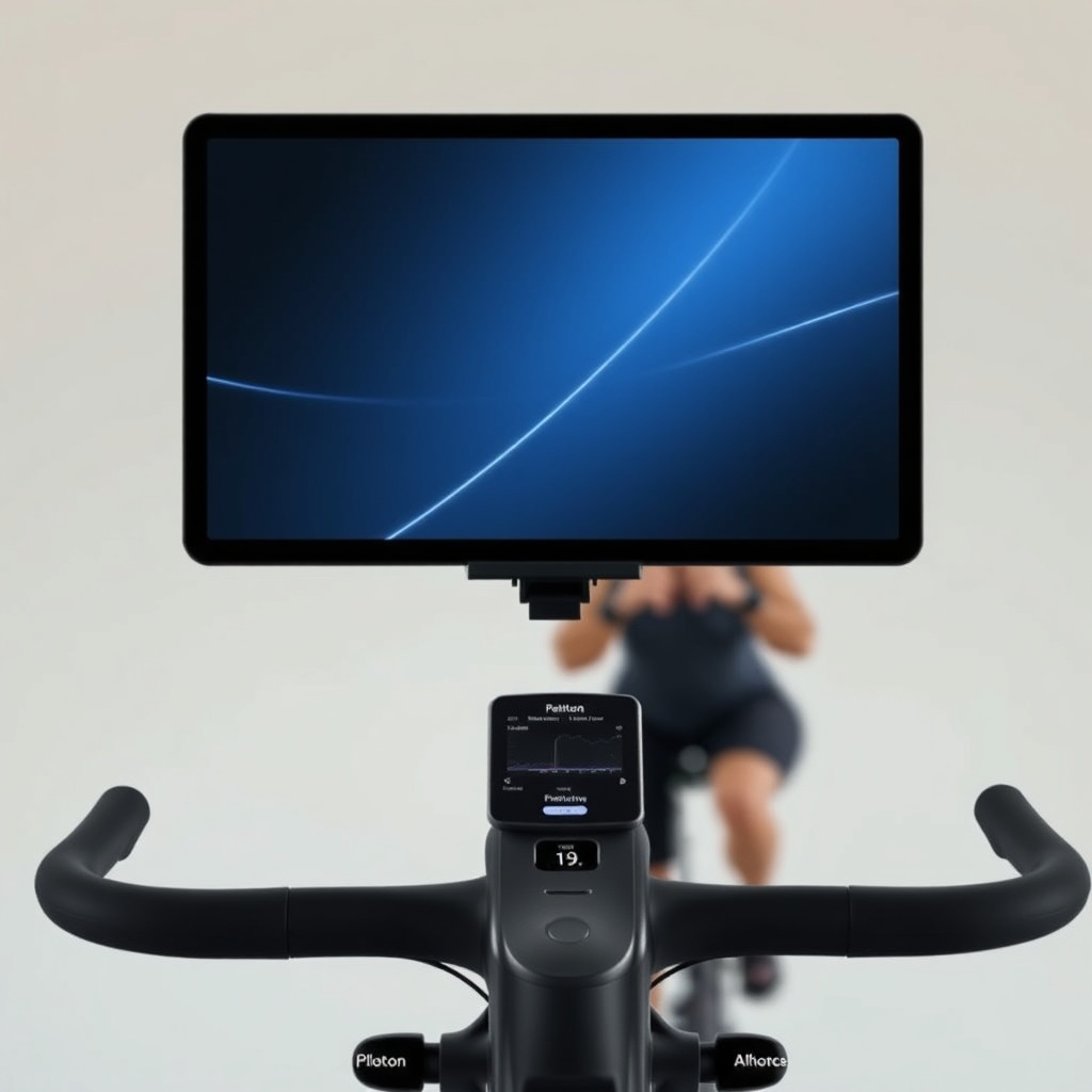 <clean photorealistic photo/illustration of a Peloton Bike+ screen showing subtle flickeri