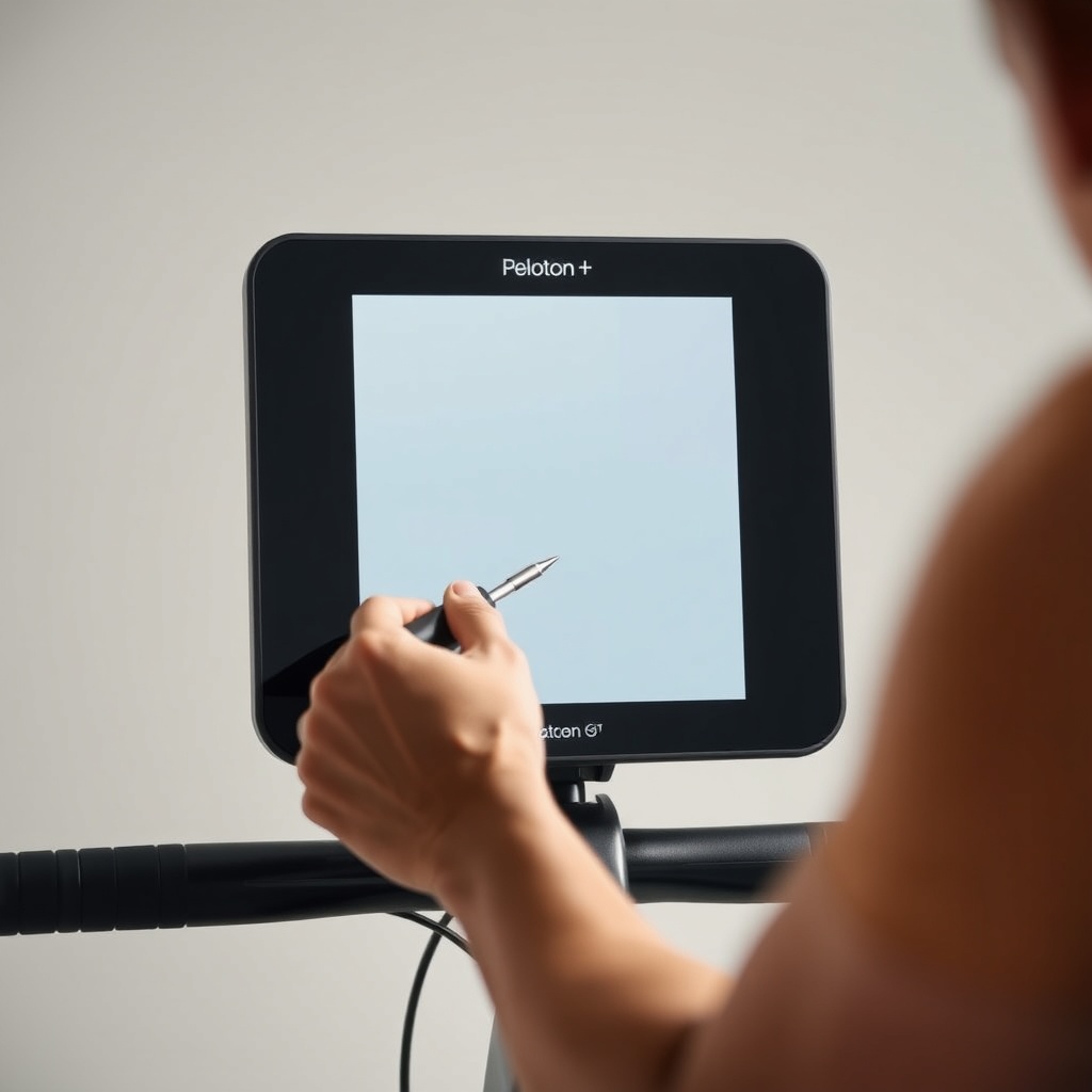 <clean photorealistic photo/illustration of a user inspecting the rear panel of a Peloton