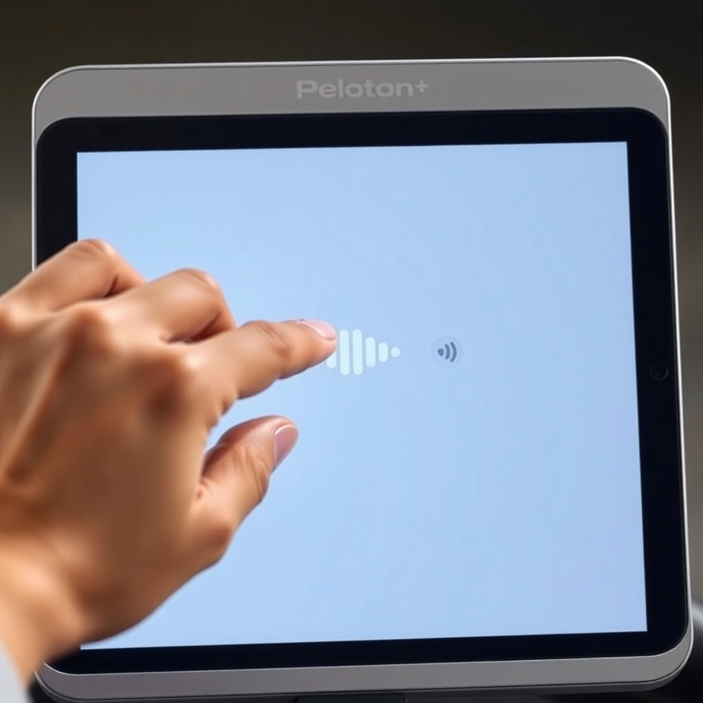 A close-up photorealistic photo of a Peloton Bike+ touchscreen with a hand adjusting the v