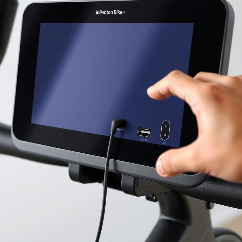 A photorealistic photo of the Peloton Bike+ touchscreen back panel showing the 3