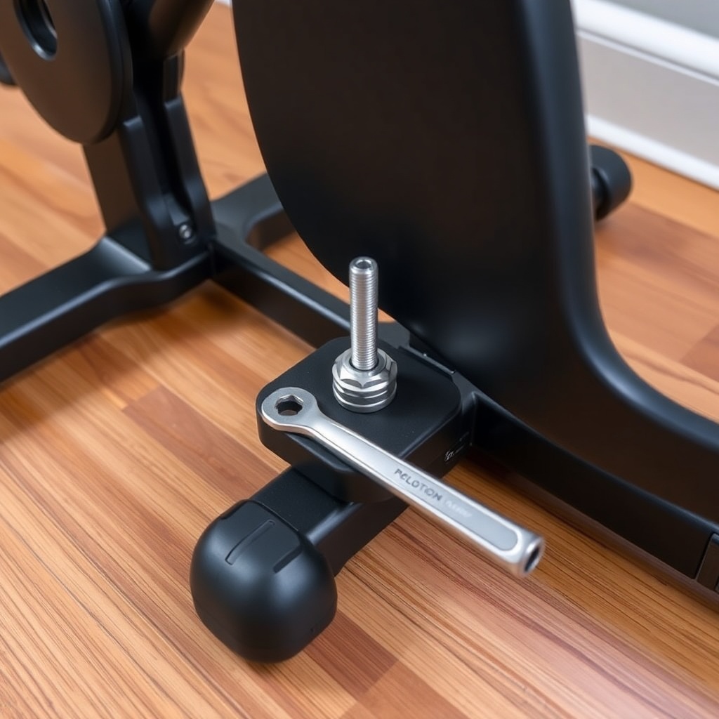High-angle shot of a Peloton Bike+ stabilizer foot with a wrench