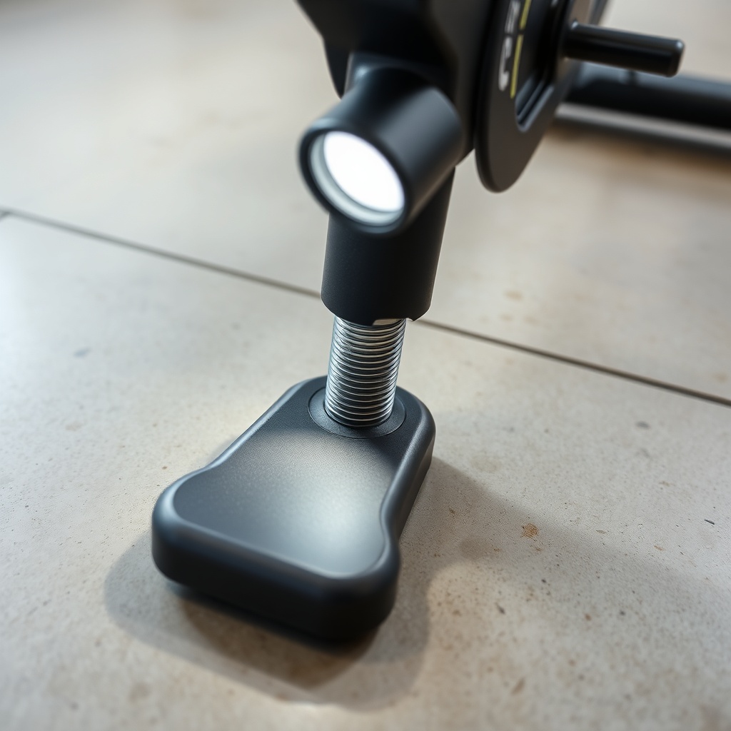 Close-up of a Peloton Bike+ stabilizer foot bolt being inspected with a flashlight