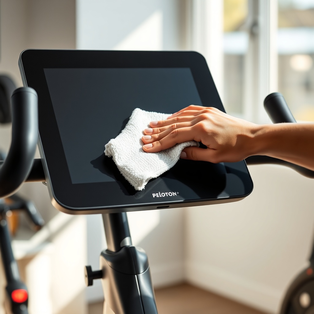A photorealistic photo of a Peloton Bike+ touchscreen being wiped with a microfibre cloth