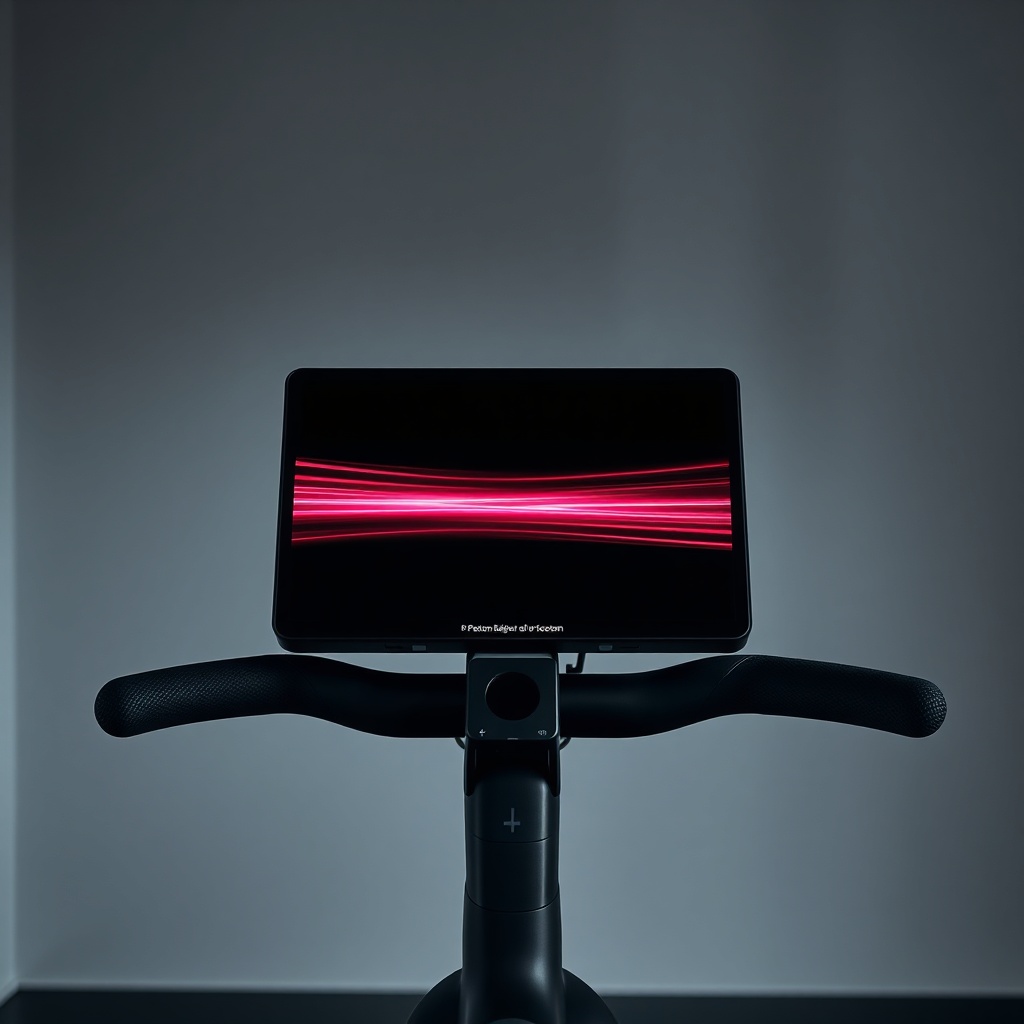 A photorealistic photo of a Peloton Bike+ screen showing subtle flickering lines in a diml