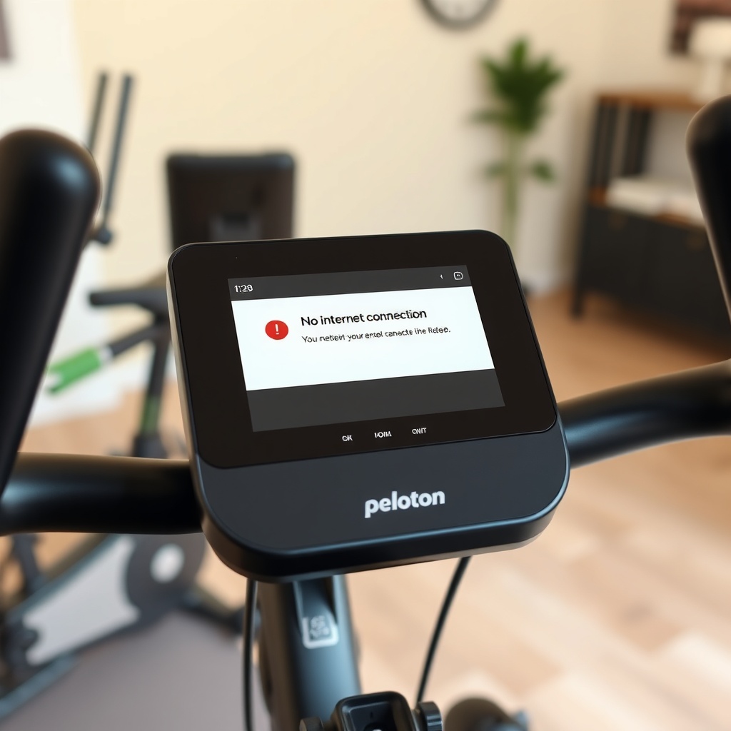 <clean photorealistic photo illustration: close-up of Peloton Bike+ touchscreen showing “N