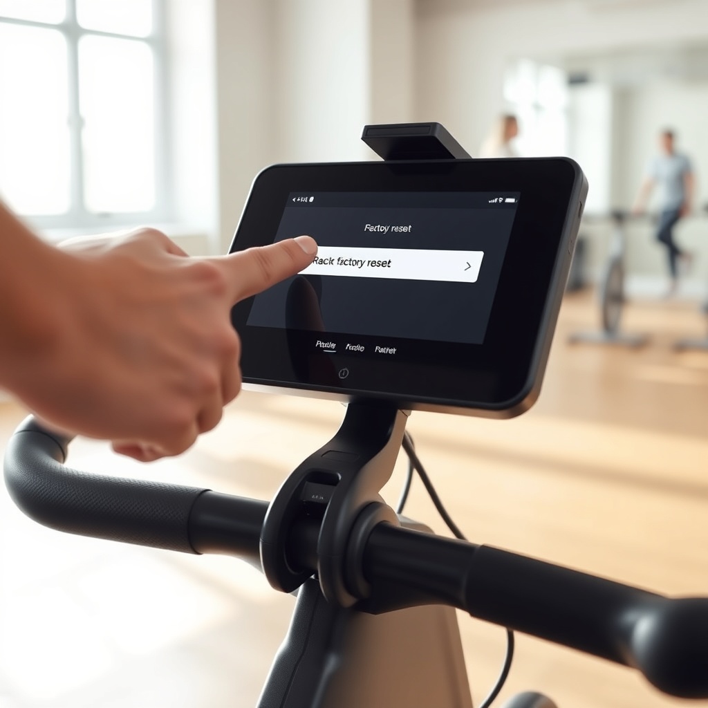 <clean photorealistic photo illustration: user tapping "Factory Reset" on a Peloton Bike+