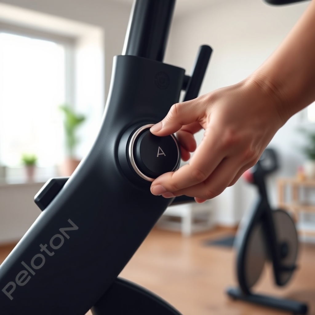<A photorealistic close-up of a Peloton Bike resistance knob with a person’s hand adjustin