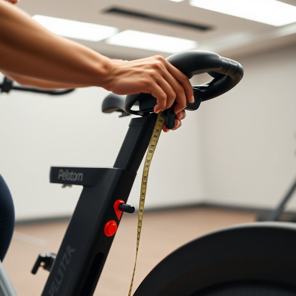 A photorealistic photo of a person's hands adjusting the seat height lever on a Peloton Bi