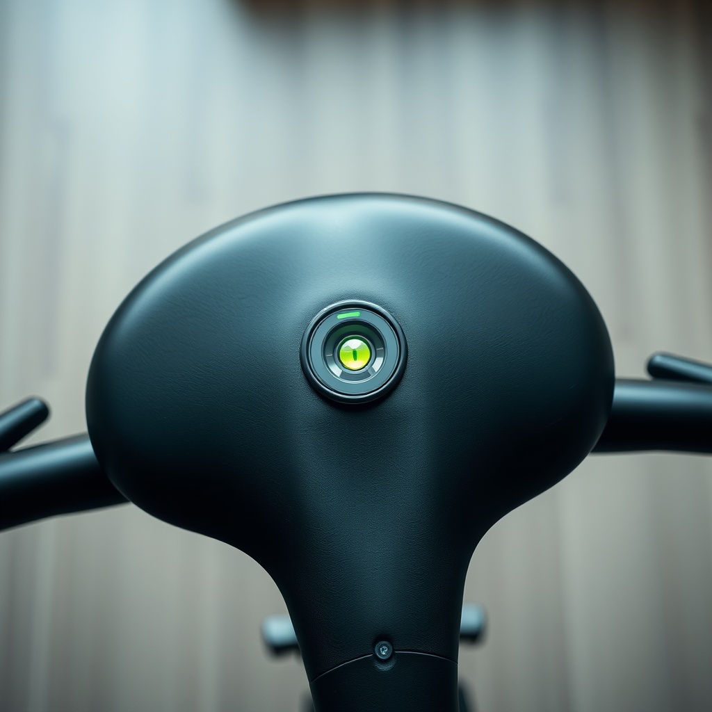 A photorealistic overhead close-up of a Peloton Bike saddle with a small digital spirit le
