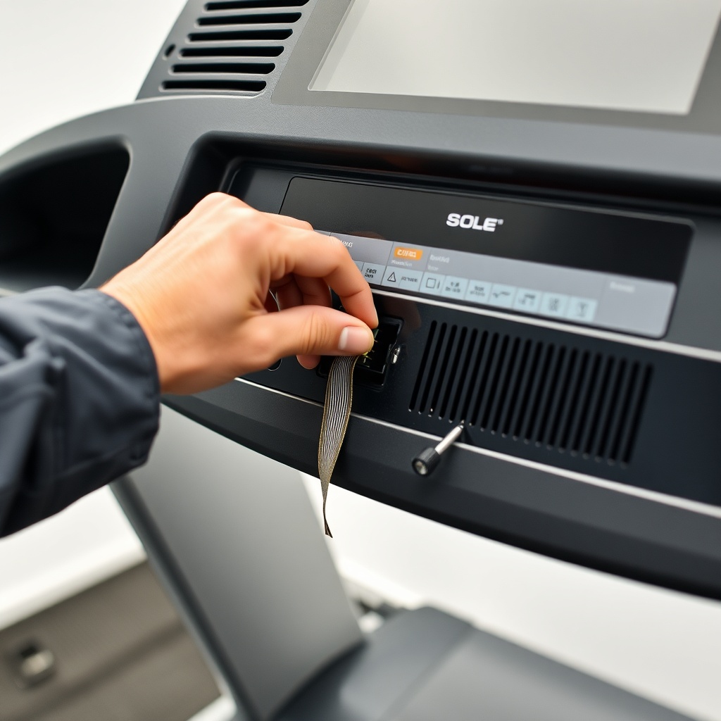 A clean photorealistic photo showing a technician gently pressing a 10-pin ribbon cable co