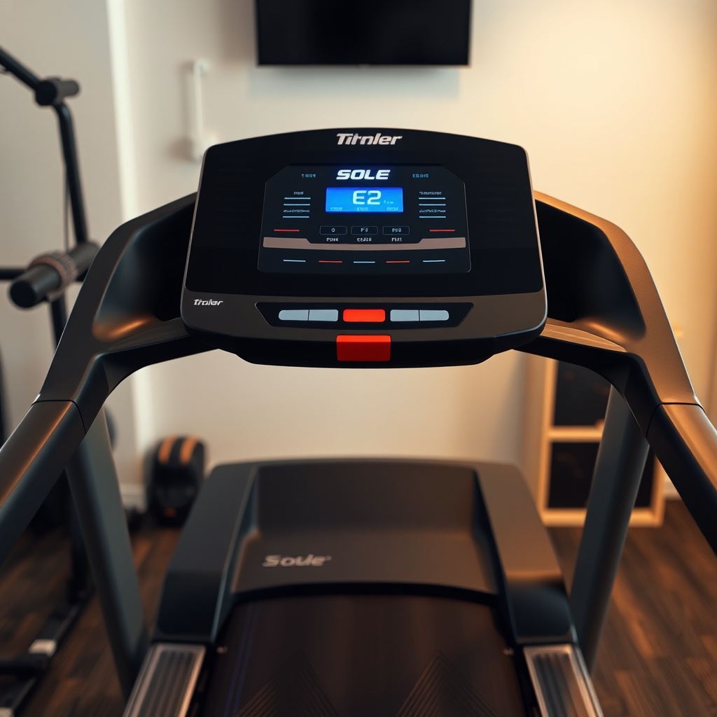 A clean photorealistic photo of a Sole F85 treadmill in a home gym setting