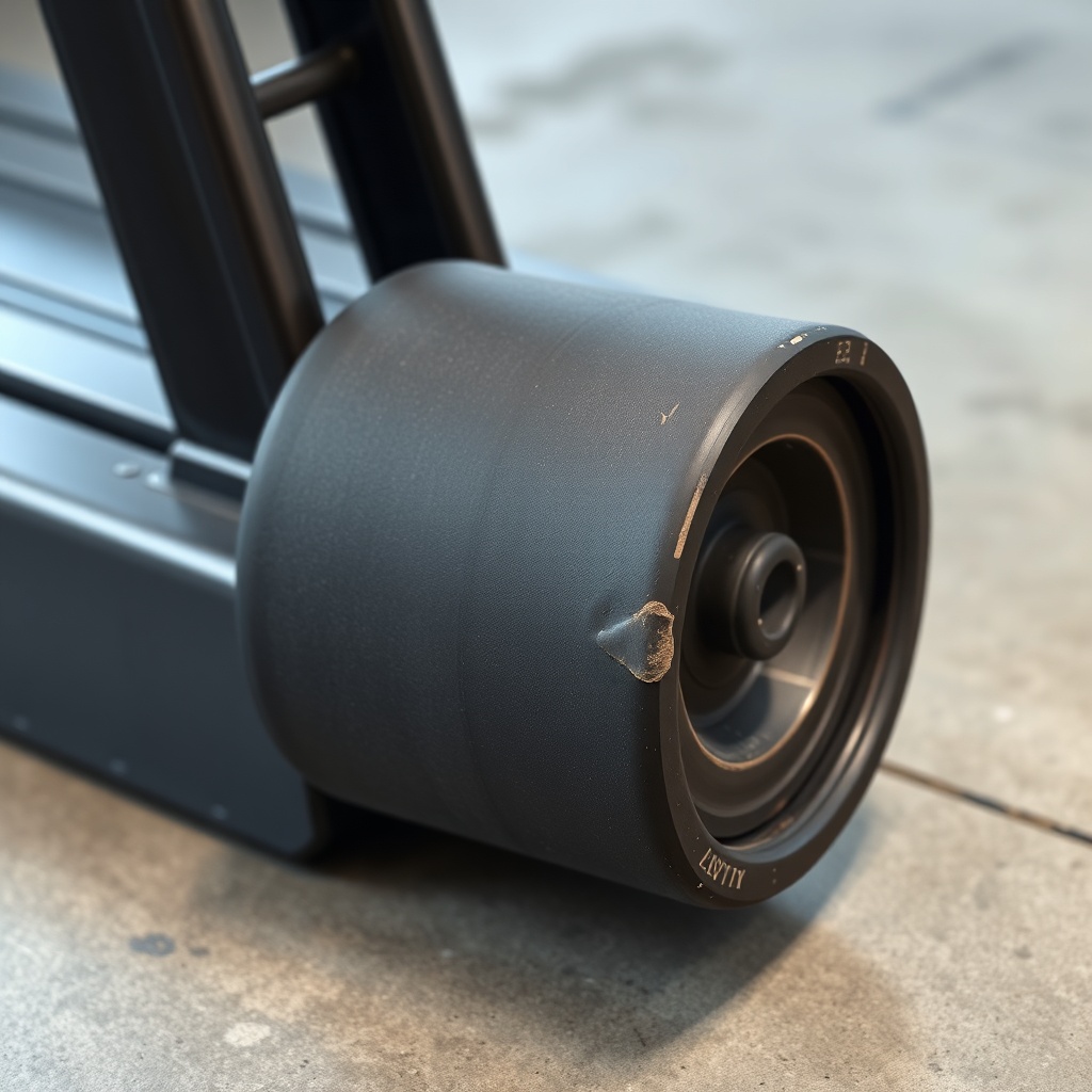 <A photorealistic close-up of a worn treadmill roller with visible flat spots and uneven r